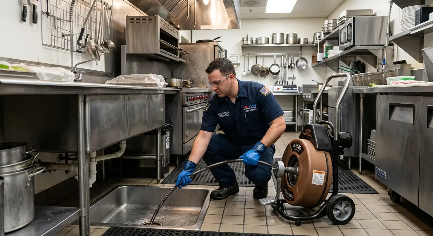 Commercial drain cleaning service in a restaurant kitchen in Babylon