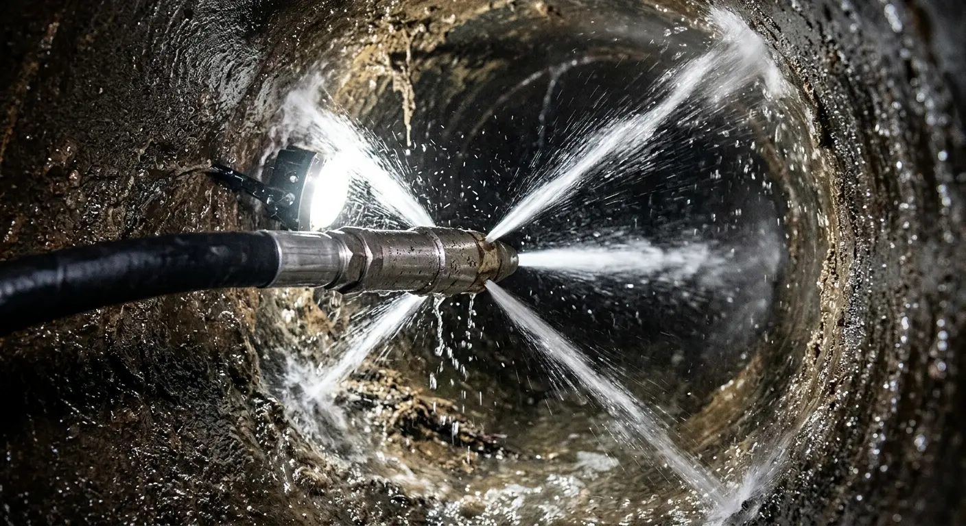 High-pressure hydro jetting nozzle cleaning sewer pipe for Storm Drain Cleaning in Babylon