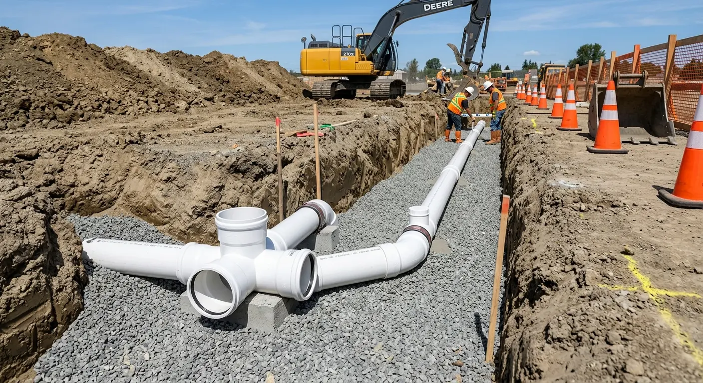 New PVC sewer pipe installation in open trench for Grease Trap Cleaning in Babylon
